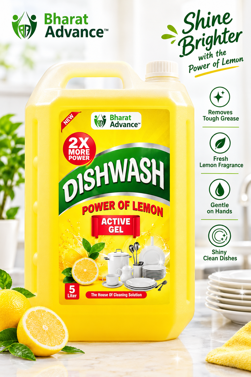 Bharat Advance Dishwash Liquid 5L | Lemon Dishwashing Gel | Removes Tough Grease & Oil | pH Balanced Utensil Cleaner for Stainless Steel, Bone China & Crockery